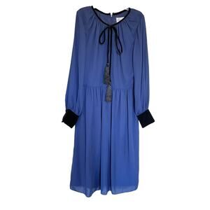 Mikael Aghal Front Tie Long Sleeve Velvet Trim Midi Dress Blue Women's Size 8
